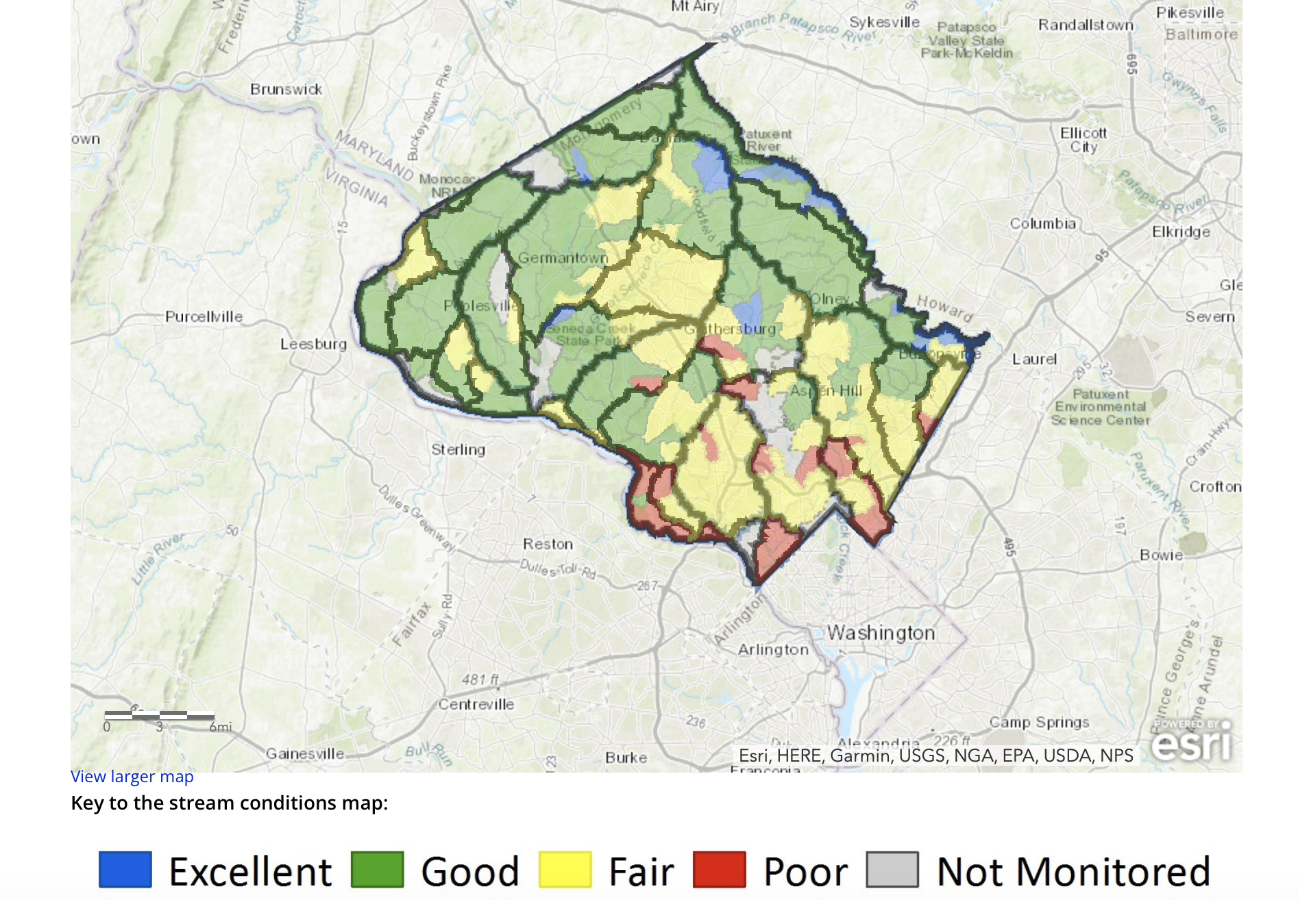 A map showing Montgomery County has colored in districts, ranging colors from blue to red to show stream health condition.