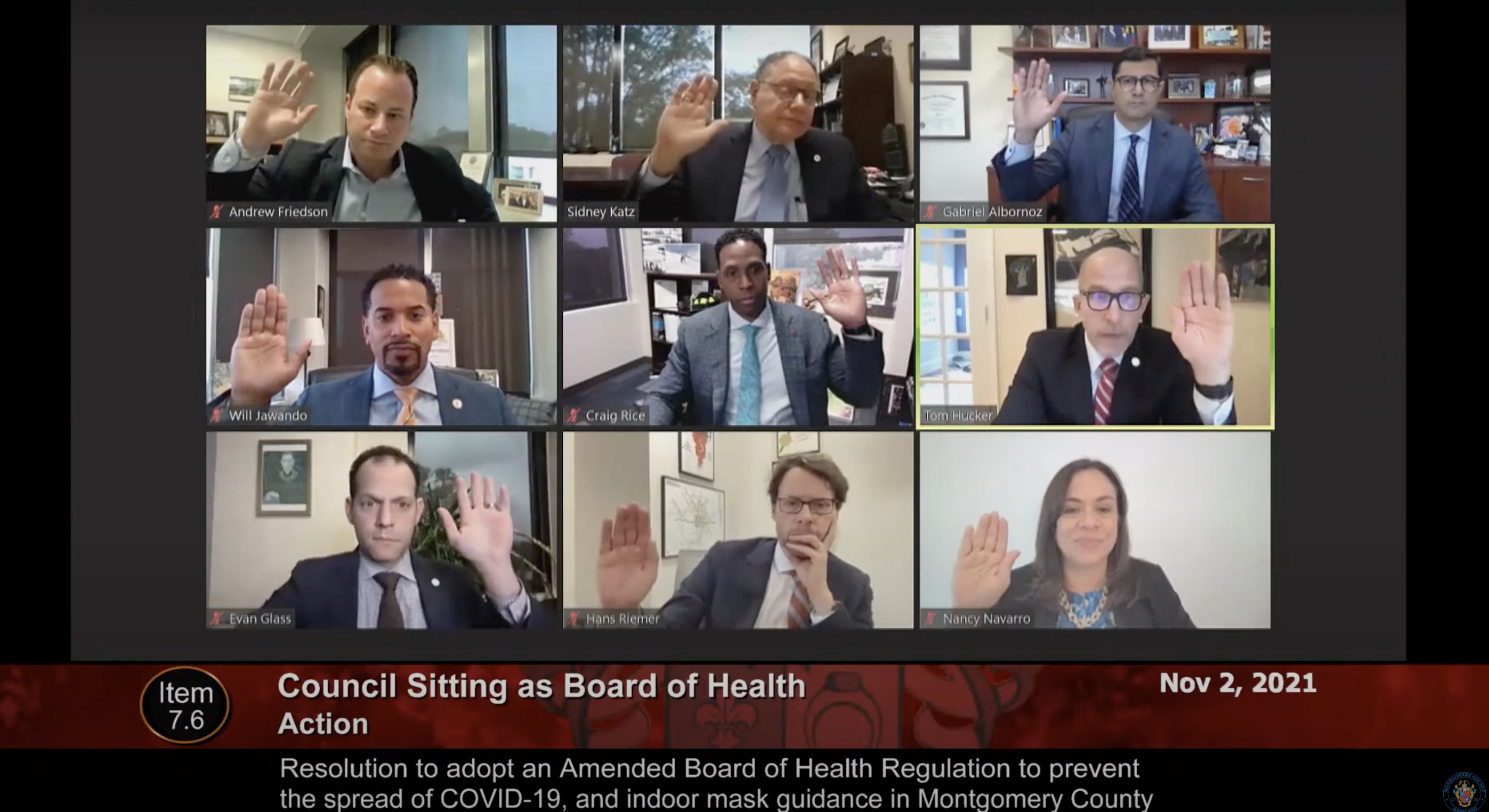 A screenshot of the virtual council hearing in which each council member is raising their hand over Zoom.