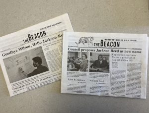 Front pages of two The Beacon Issues have headlines reporting on the name change.