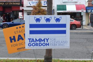 A campaign sign reading "Tammy Gordon for Cleveland Park ANC" with blurred businesses in the background