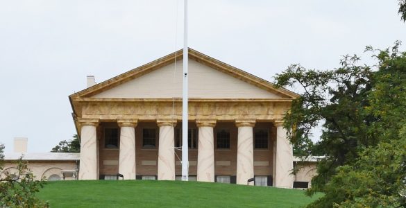 Arlington House, Robert E. Lee Memorial is located at Arlington Cemetery and owned and managed by the National Park Service. The Arlington County government seal depicts an illustration of the mansion. (Alex Lucas / The Wash).