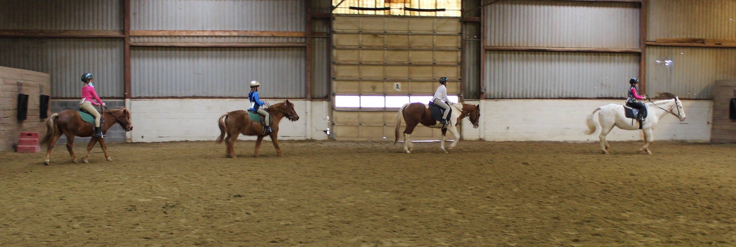 A panoramic shot of students lined up on horseback during riding lessons