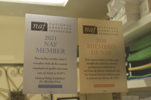 Member stickers from the National Abortion Federation inside the Potomac Family Planning Center.