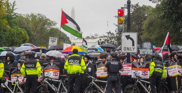 Protest with police line