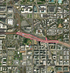 An aerial view of Southwestern D.C., with a portion of the I-695 freeway highlighted in red