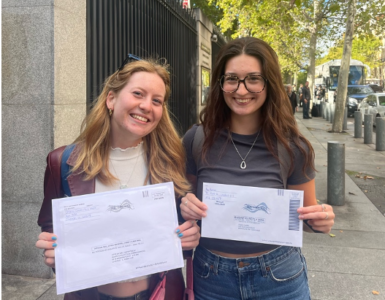 American University students Eve Bryner and Ana Martino encouraged peers to vote in Madrid, Spain. (Photo courtesy of Lane Thimmesch)