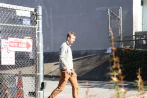 A man walks out of the Fifteenth Street Presbyterian Church polling place.