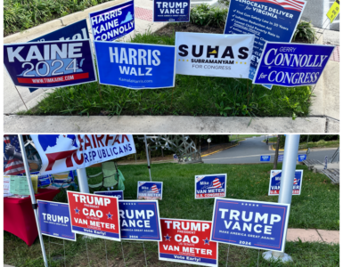 Election signs in front of voting site.