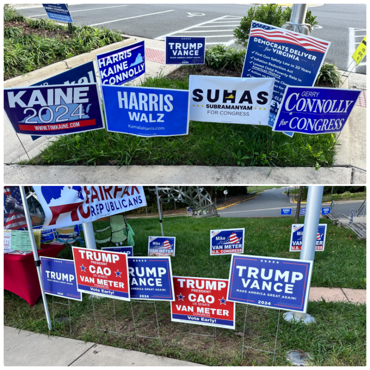 Election signs in front of voting site.