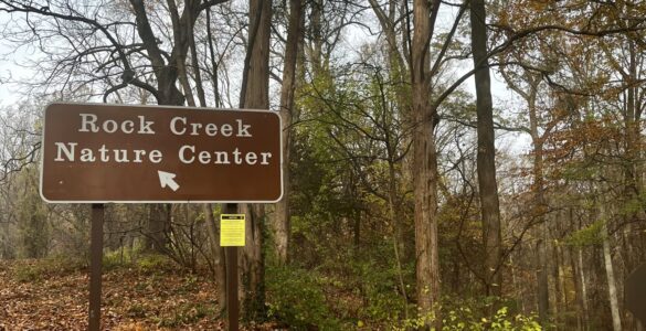 A sign for the Rock Creek Nature Center stands amid autumn leaves in Rock Creek Park. Photo by Jordan Thorton.