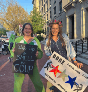 DODGE protesters in slumber party clothes