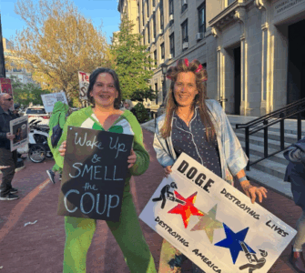 DODGE protesters in slumber party clothes