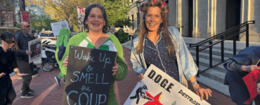 DODGE protesters in slumber party clothes
