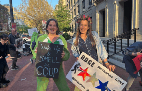 DODGE protesters in slumber party clothes