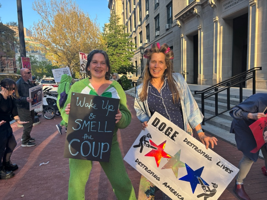 DODGE protesters in slumber party clothes