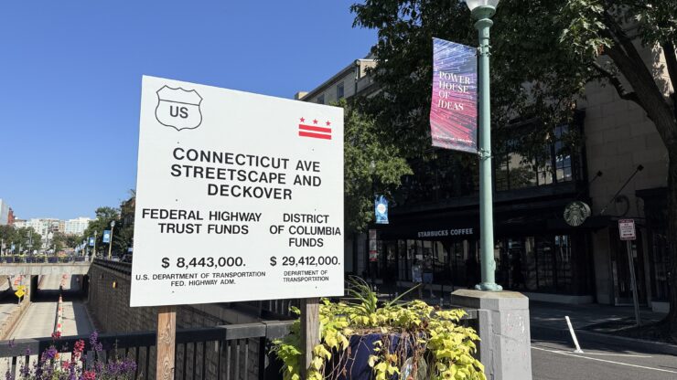 A project sign details the $37 million budget for the Connecticut Avenue Streetscape and Deckover, funded by both the federal government and the District.( Yi Ya (Becky) Tseng)