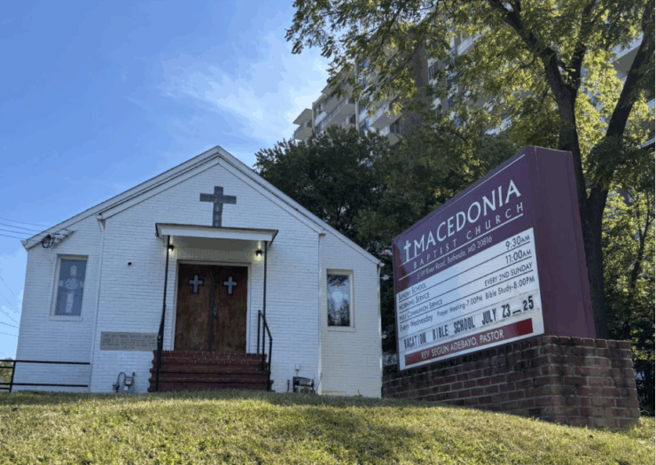 Macedonia Baptist Church sits on a hill across the road from a contested development in Bethesda, Maryland on Sunday, Sept. 14, 2025. (Kendall Staton)