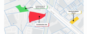 A map shows the site of a new self-storage construction in relation to Macedonia Baptist Church and a piece of land confirmed to be a part of Moses Cemetery. (Kendall Staton)