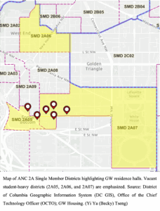 Map of ANC 2A Single Member Districts highlighting GW residence halls. Vacant student-heavy districts (2A05, 2A06, and 2A07) are emphasized. Source: District of Columbia Geographic Information System (DC GIS), Office of the Chief Technology Officer (OCTO); GW Housing.