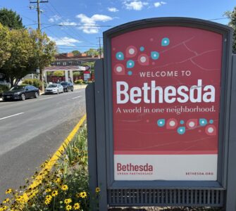 A sign sits in the median on Wisconsin Avenue in Bethesda, Maryland Monday, Sept. 8, 2025. (Kendall Staton)
