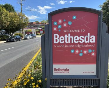 A sign sits in the median on Wisconsin Avenue in Bethesda, Maryland Monday, Sept. 8, 2025. (Kendall Staton)