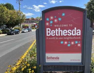A sign sits in the median on Wisconsin Avenue in Bethesda, Maryland Monday, Sept. 8, 2025. (Kendall Staton)