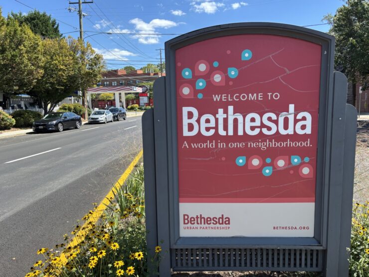 A sign sits in the median on Wisconsin Avenue in Bethesda, Maryland Monday, Sept. 8, 2025. (Kendall Staton)
