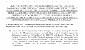 A screenshot of the complaint Banerjee filed in Montgomery County Circuit Court Wednesday, Oct. 8
