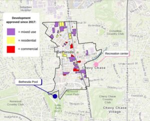 A map of the development approved in downtown Bethesda since adoption of the 2017 downtown sector plan and recreation offerings that already exist near the boundary.