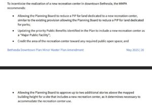 A screenshot of the incentives the Montgomery County Council approved to encourage development of a recreation center in downtown Bethesda, Maryland.