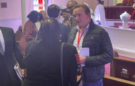 AU grad student George Smith interviewing church goers in Virginia before the 2025 election.