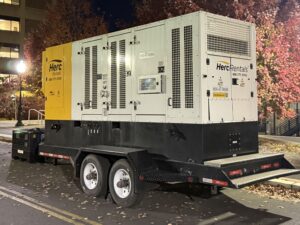 Equipment for repairs is set up outside the impacted buildings. (Joshua Sun)