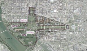 The NCPC considered four possible sites for the new monument before it approved the location at Constitution Gardens East. (From the NCPC staff report on the Women's Suffrage National Monument site selection).