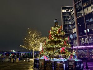 A Jack Daniel's barrel Christmas tree sits at Blair Alley. (Kordell Martin)