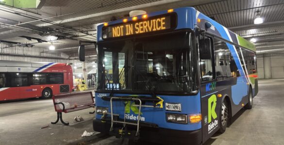 A Montgomery County Ride On bus sits at the bus station near Bethesda Metro Station Nov. 6, 2025. (Kendall Staton)