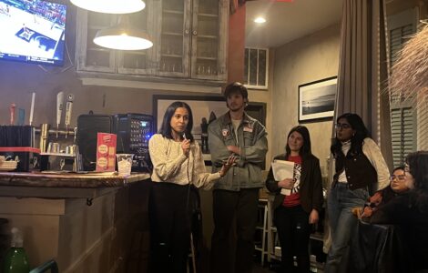 Aparna Raj speaking at event hosted with NPEU and Unite Here Local 25 (Photo: Daniel Herrera Benitez)