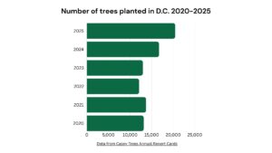 A bar graph showing the amount of trees planted in Washington, D.C., from 2020-2025.
