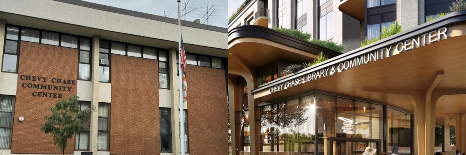 Side-by-side comparison of the standing Chevy Chase Community Center and the proposed design by Rift Valley Chevy Chase, LLC.