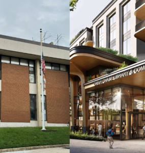 Side-by-side comparison of the standing Chevy Chase Community Center and the proposed design by Rift Valley Chevy Chase, LLC.