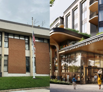 Side-by-side comparison of the standing Chevy Chase Community Center and the proposed design by Rift Valley Chevy Chase, LLC.