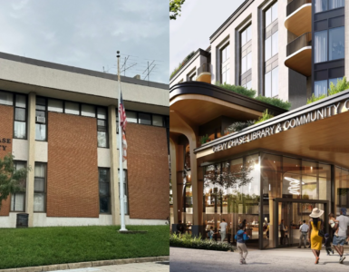 Side-by-side comparison of the standing Chevy Chase Community Center and the proposed design by Rift Valley Chevy Chase, LLC.
