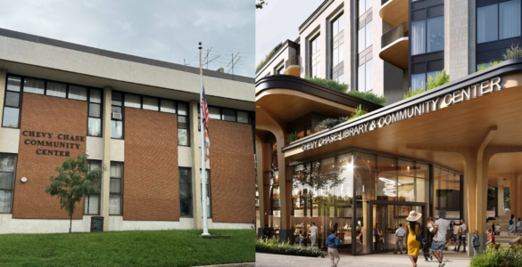 Side-by-side comparison of the standing Chevy Chase Community Center and the proposed design by Rift Valley Chevy Chase, LLC.