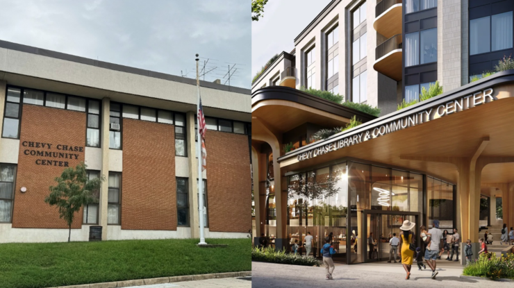 Side-by-side comparison of the standing Chevy Chase Community Center and the proposed design by Rift Valley Chevy Chase, LLC.