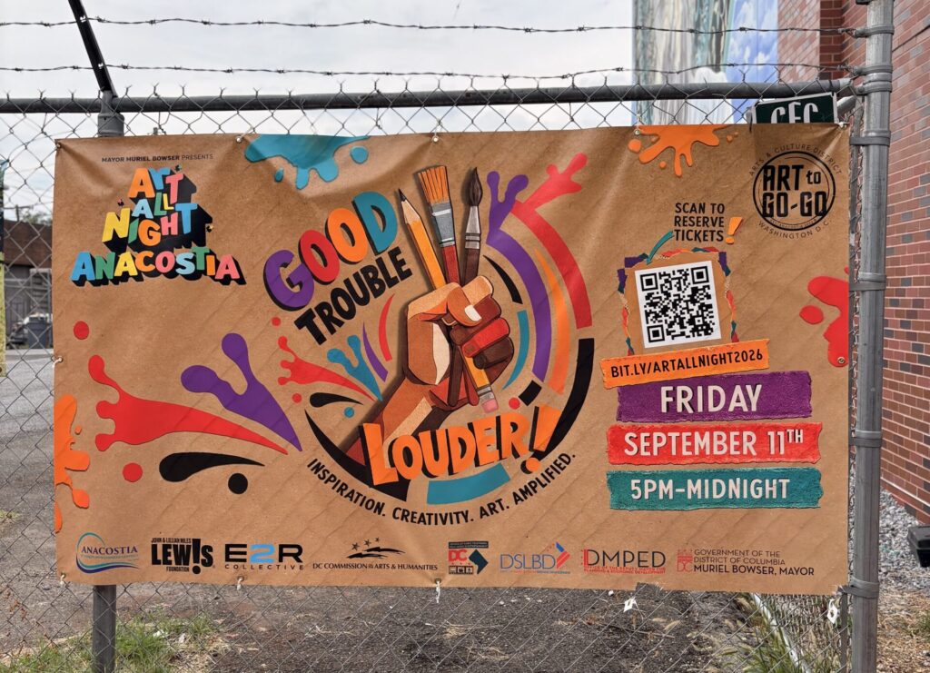A vibrant poster displays the date, time, and theme for the All Night Anacostia celebration. 