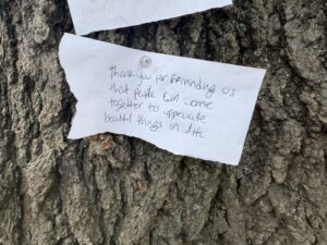 A note that says "Thank you for reminding us that people can come together to appreciate beautiful things in life" is pinned to a stump in Dupont Circle Park.