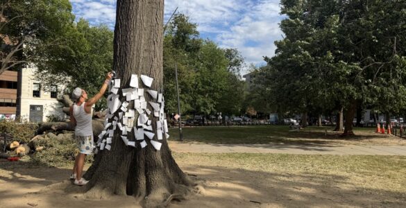 Northern Virginia resident pins message to stump in Dupont Circle Park.