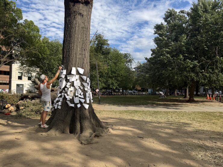 Northern Virginia resident pins message to stump in Dupont Circle Park.