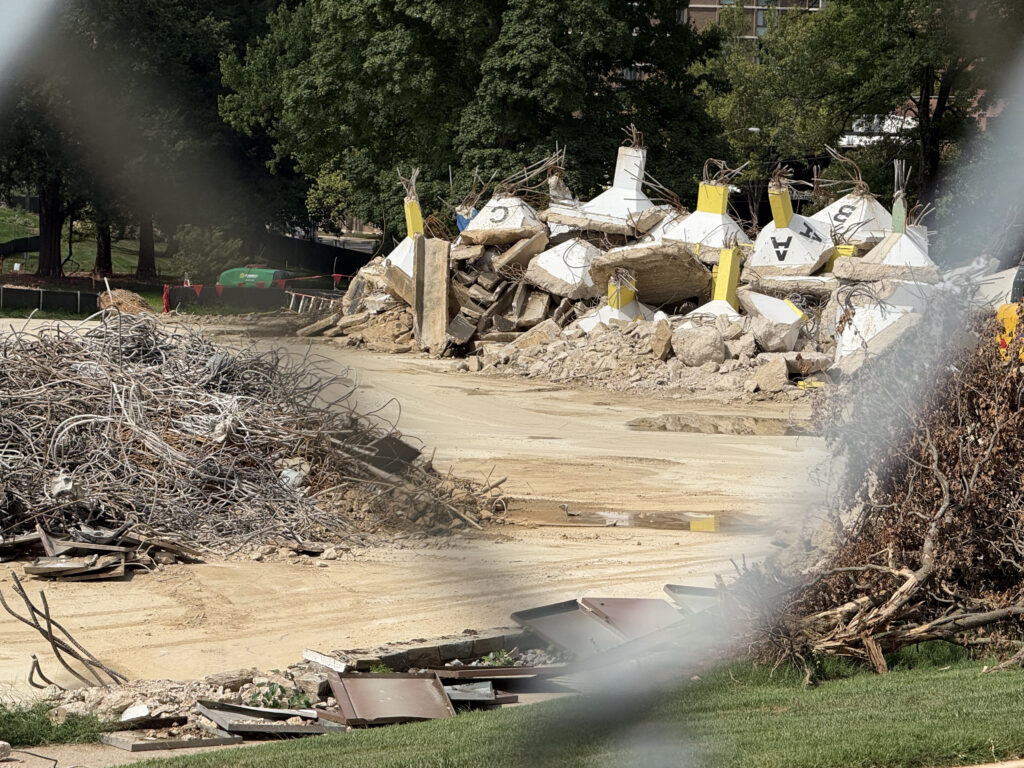 Piles of wires and concrete from the demolition of the old GEICO headquarters