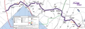 A white map outlining future stops and Metrorail, Amtrak, and MARC rail connections along the Purple Line, running from New Carrolton, MD to Bethesda, MD.