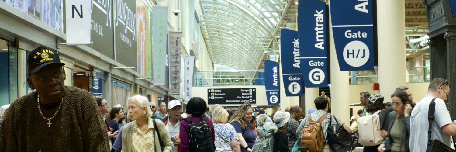 Image of crowd of people waiting for trains at Union Station.